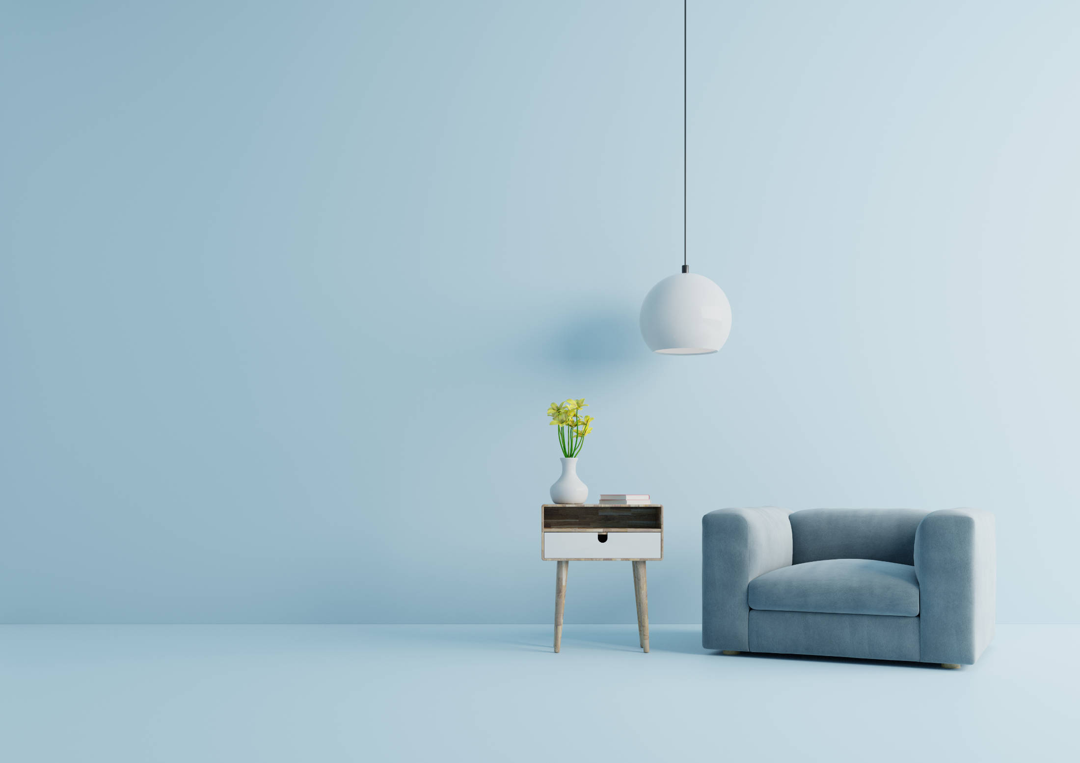 Modern living room with blue armchair have cabinet and lamp on w Black Chair